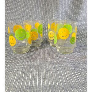 Vintage Libbey 1960s Yellow & Green Smiley Face Stackable (4) Glass Tumblers